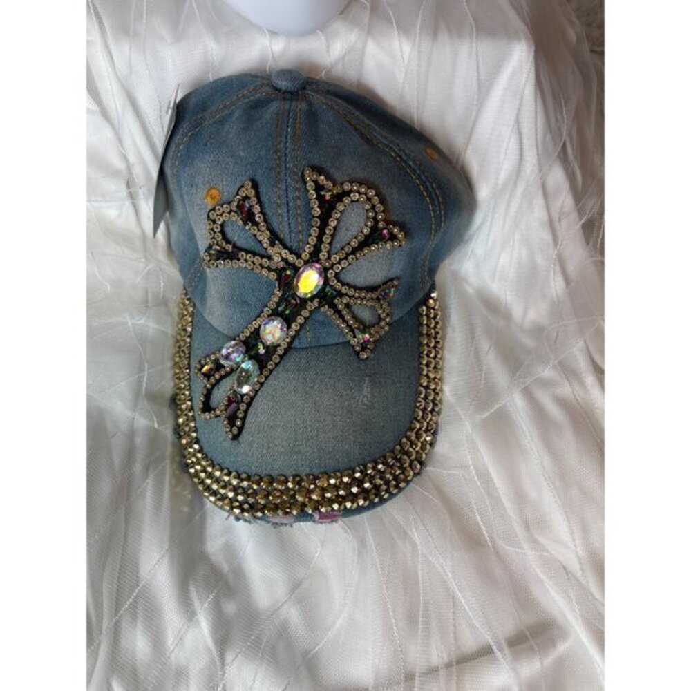 Distressed Denim Cross Rhinestone Bling Cap